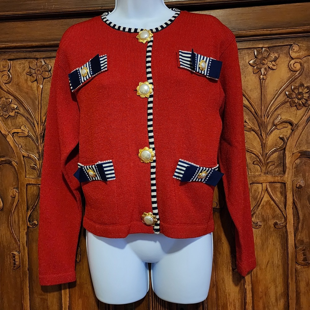 Vintage 80s Nautical Red Santana Knit Jacket Gold Pearl Buttons Rich & Levy M